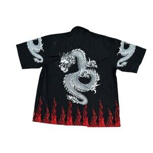 Vtg Shaolin   Mens Size XL  Y2k Chinese Dragon ‎ Flames Print Shirt Black